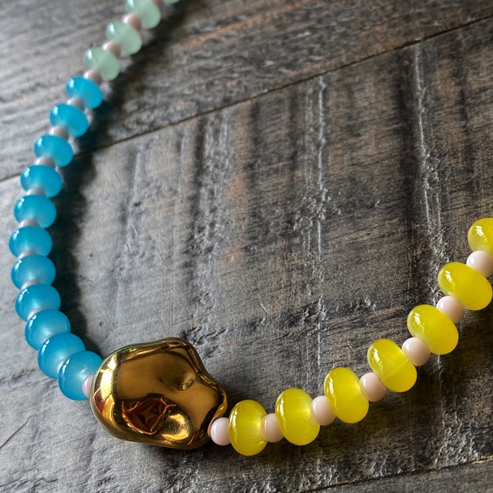 NEW Blue & Yellow Color Block Glass & Gold Beaded Necklace